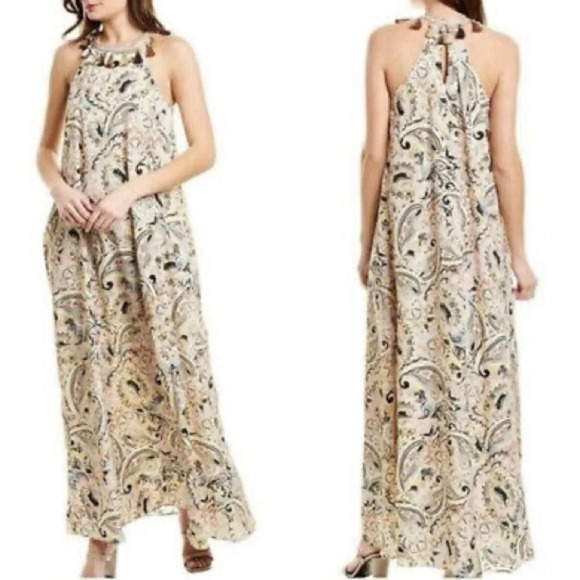 Laundry by Shelli Segal Paisley Print Tasseled Halter Maxi Dress Size 8 - Picture 2 of 7